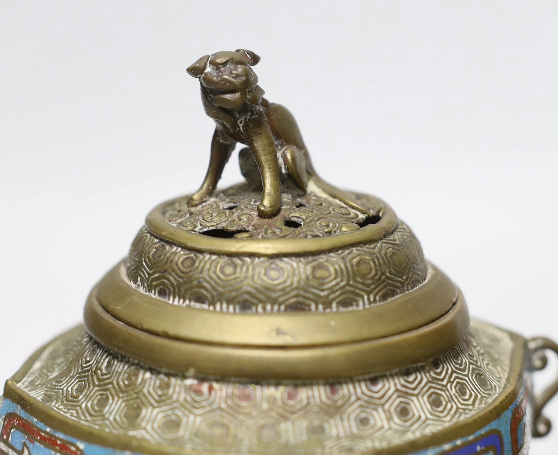 A Japanese champleve enamel and bronze censer and a Chinese bronze bell, tallest 18cm